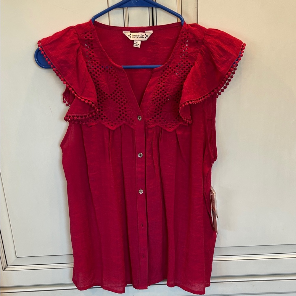 NWT Nanette Lepore Top Womens Small Eyelet Lace Panel Ruffle Button Blouse